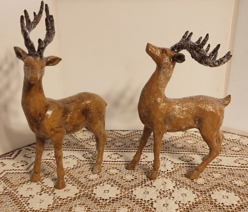 Pair of "Frosted" Ceramic Reindeer Figurines 14 1/2" & 13" High Holiday Winter